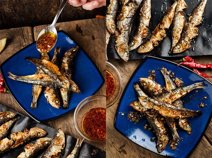 Grilled sardines with hot pepper dressing