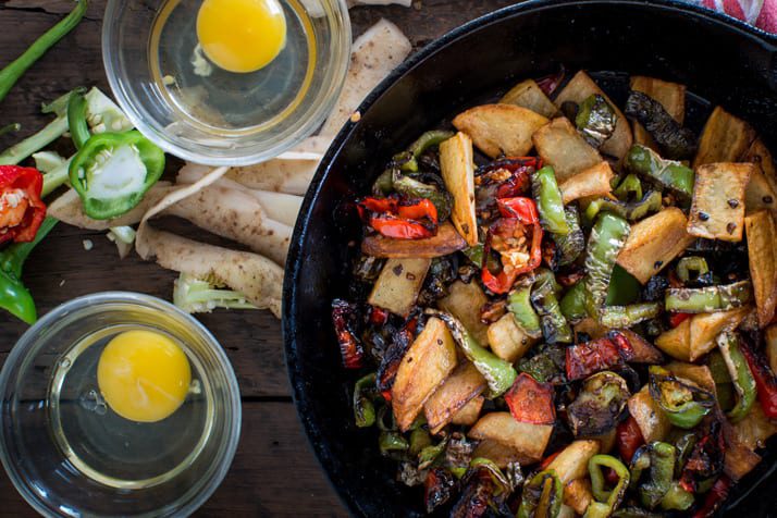 pepper and potato stir fry with eggs and polenta fries