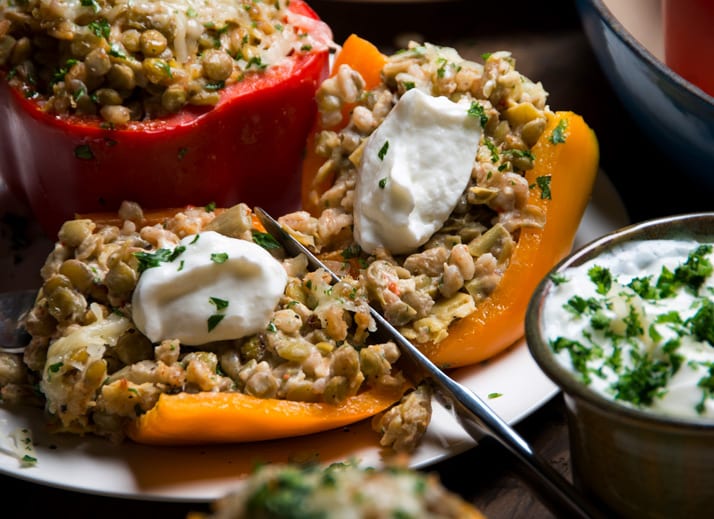 lentil-and-farro-stuffed-peppers-with-cheeses and artichokes