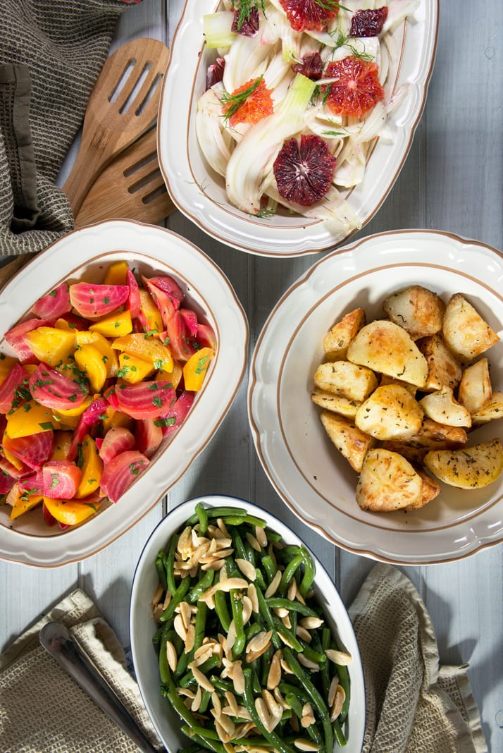italian-easter-side-dishes, roasted potatoes, beet salad, fennel and blood orange, green beans with almond and evoo dressing
