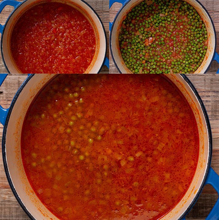 The three process steps of cooking the tomatoes and peas for pasta piselli