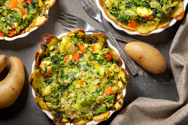 open faced vegetable pie with potato crust