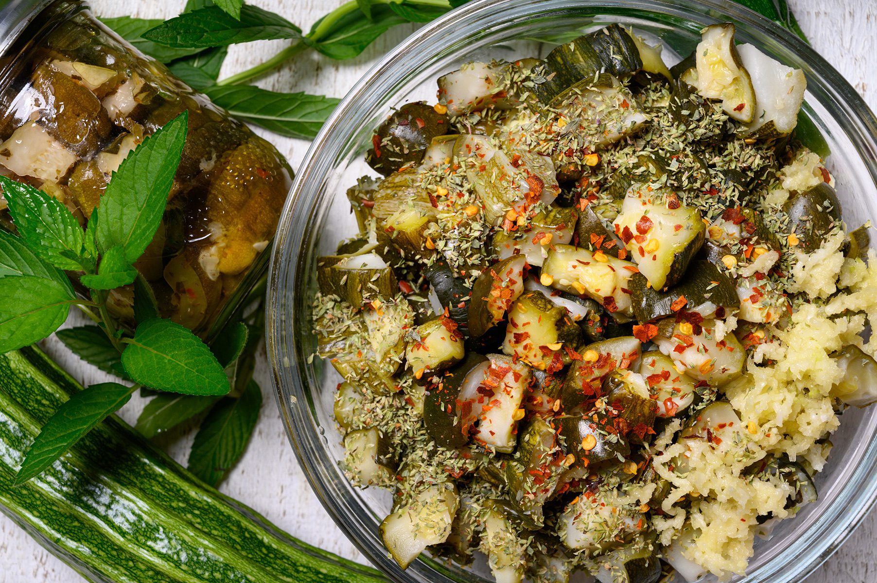 zucchini squeezed of vinegar and dressed with oregano, mint, hot pepper, and garlic
